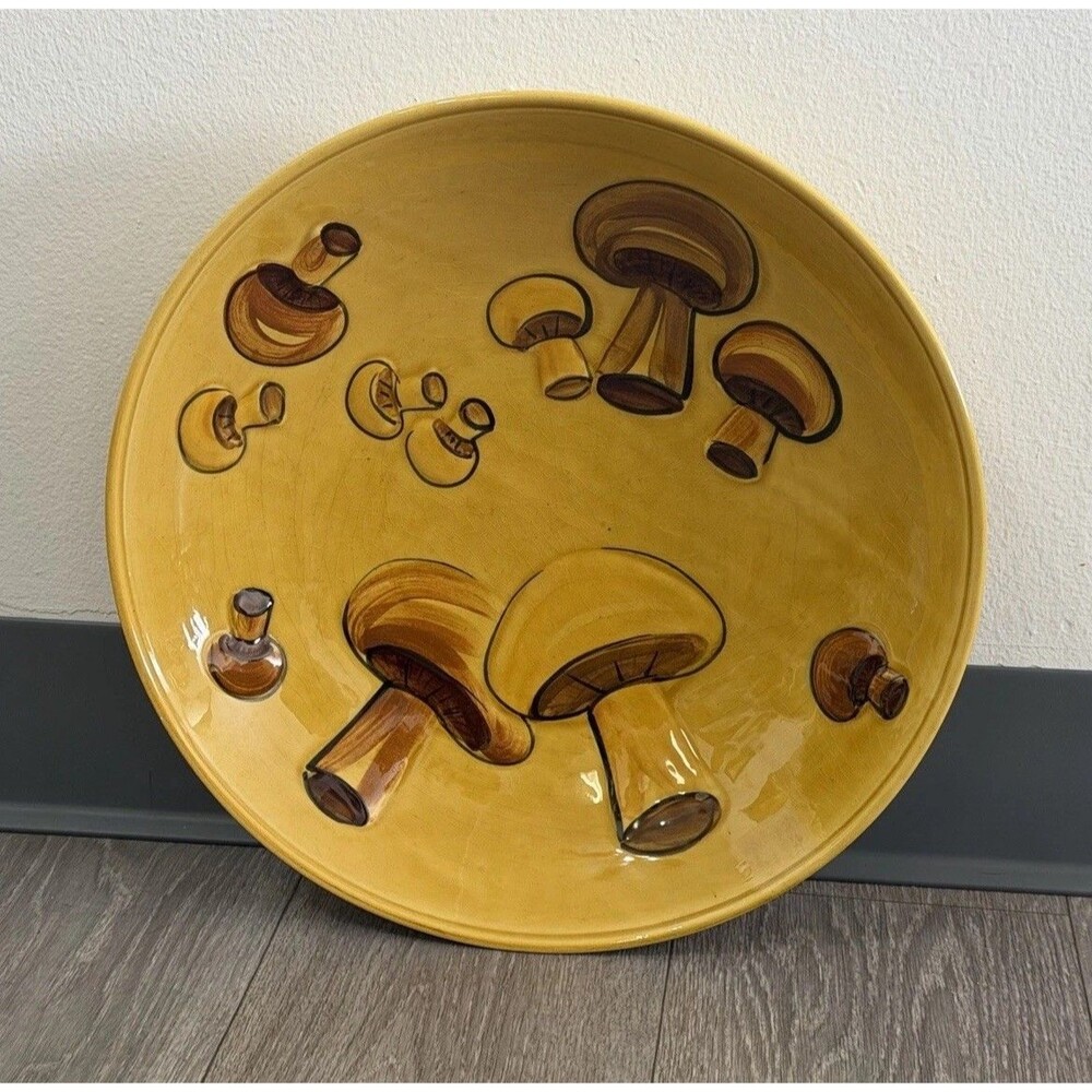 VINTAGE Los Angeles Pottery or Pasta Bowl Yellow Mushrooms 14" EUC